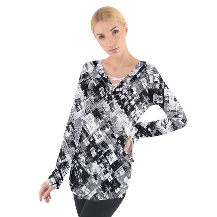 Black And White Patchwork Pattern Tie Up Tee