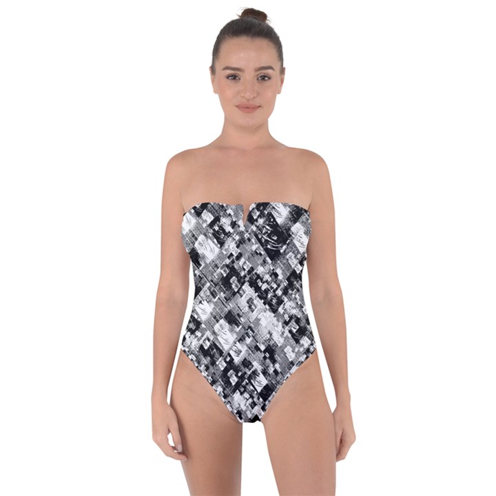 Black And White Patchwork Pattern Tie Back One Piece Swimsuit