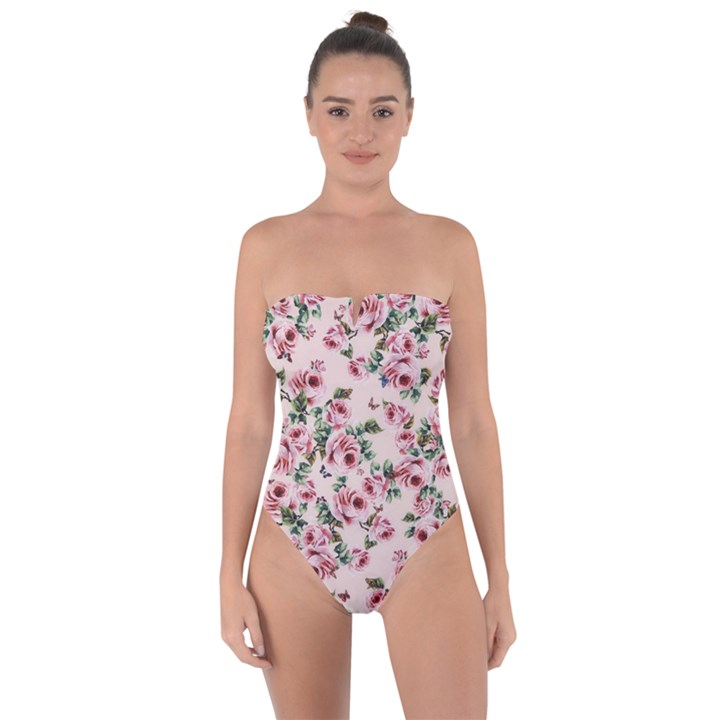 Pink Roses and Butterflies Tie Back One Piece Swimsuit