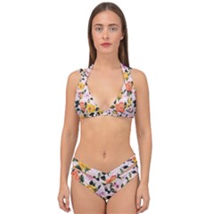 Colorful Roses Print Double Strap Halter Bikini Set