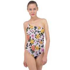 Colorful Roses Print Classic One Shoulder Swimsuit