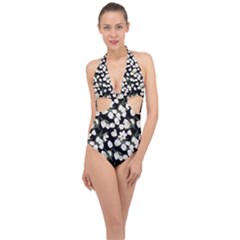 White Tulip Print Halter Front Plunge Swimsuit by CasaDiModa