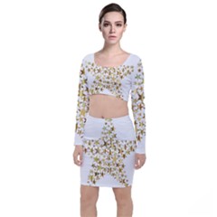 Star Fractal Gold Shiny Metallic Long Sleeve Crop Top & Bodycon Skirt Set by Simbadda