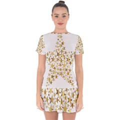 Star Fractal Gold Shiny Metallic Drop Hem Mini Chiffon Dress by Simbadda