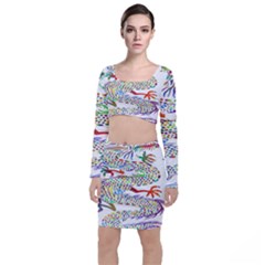 Dragon Asian Mythical Colorful Long Sleeve Crop Top & Bodycon Skirt Set by Simbadda