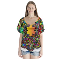 Mandala Floral Flower Abstract V-neck Flutter Sleeve Top by Simbadda