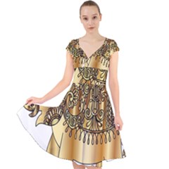 Gold Elephant Pachyderm Cap Sleeve Front Wrap Midi Dress by Simbadda