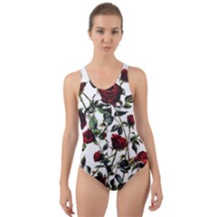 Red Roses Print Cut-out Back One Piece Swimsuit by CasaDiModa