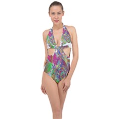 Floral Flowers Ornamental Halter Front Plunge Swimsuit