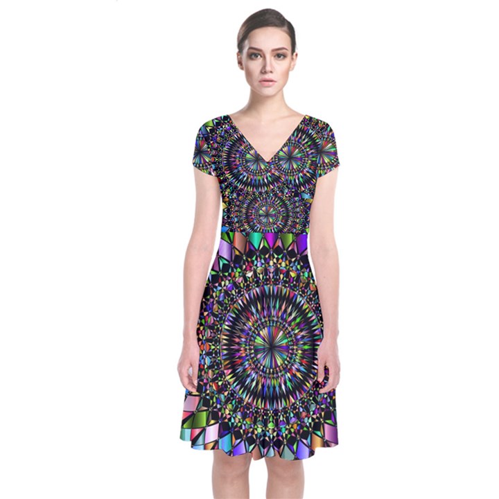 Mandala Decorative Ornamental Short Sleeve Front Wrap Dress