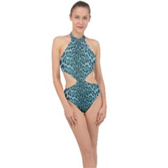 Turquoise Leopard Print Halter Side Cut Swimsuit by CasaDiModa