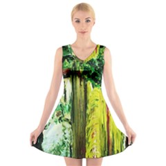 Old Tree And House With An Arch 8 V-neck Sleeveless Dress by bestdesignintheworld