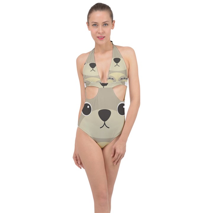 Animal Bear Cartoon Children Kids Halter Front Plunge Swimsuit