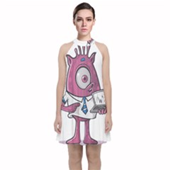 Business Education Logo Monster Velvet Halter Neckline Dress  by Simbadda