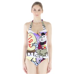 Bunny Easter Artist Spring Cartoon Halter Swimsuit by Simbadda