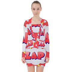 Comic Bubble Popart Cartoon Action V-neck Bodycon Long Sleeve Dress by Simbadda