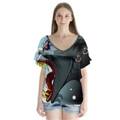 Demon Devil Evil Monster Alien V-neck Flutter Sleeve Top by Simbadda