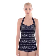 Futuristic Geometric Stripes Pattern Boyleg Halter Swimsuit  by dflcprints