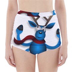 Reindeer Dancing Blue Christmas High-Waisted Bikini Bottoms