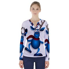 Reindeer Dancing Blue Christmas V-Neck Long Sleeve Top