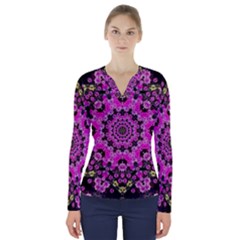 Namaste Decorative Flower Pattern Of Floral V-neck Long Sleeve Top by pepitasart