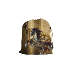 Awesome Steampunk Horse, Clocks And Gears In Golden Colors Drawstring Pouches (small)  by FantasyWorld7