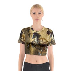 Awesome Steampunk Horse, Clocks And Gears In Golden Colors Cotton Crop Top by FantasyWorld7