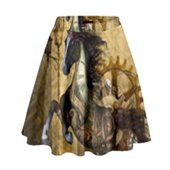 Awesome Steampunk Horse, Clocks And Gears In Golden Colors High Waist Skirt by FantasyWorld7