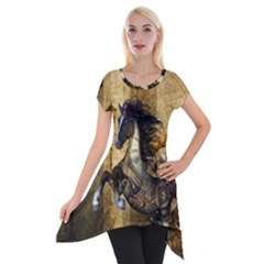 Awesome Steampunk Horse, Clocks And Gears In Golden Colors Short Sleeve Side Drop Tunic by FantasyWorld7