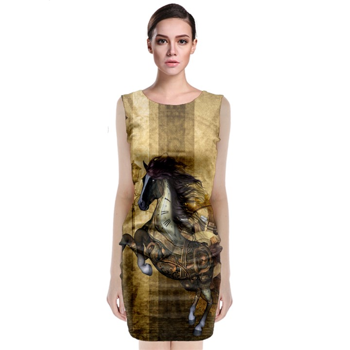 Awesome Steampunk Horse, Clocks And Gears In Golden Colors Sleeveless Velvet Midi Dress