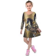 Awesome Steampunk Horse, Clocks And Gears In Golden Colors Kids  Long Sleeve Velvet Dress by FantasyWorld7