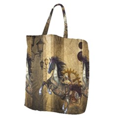 Awesome Steampunk Horse, Clocks And Gears In Golden Colors Giant Grocery Zipper Tote by FantasyWorld7