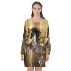 Awesome Steampunk Horse, Clocks And Gears In Golden Colors Long Sleeve Chiffon Shift Dress  by FantasyWorld7