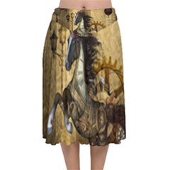 Awesome Steampunk Horse, Clocks And Gears In Golden Colors Velvet Flared Midi Skirt by FantasyWorld7