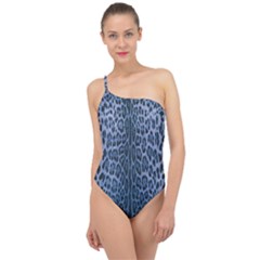 Blue Leopard Print Classic One Shoulder Swimsuit