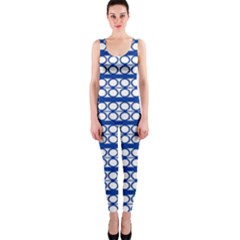 Circles Lines Blue White Pattern  One Piece Catsuit by BrightVibesDesign