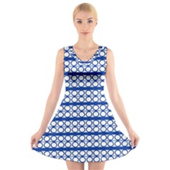 Circles Lines Blue White Pattern  V-neck Sleeveless Dress by BrightVibesDesign