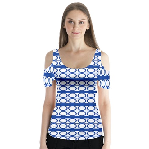 Circles Lines Blue White Pattern  Butterfly Sleeve Cutout Tee  by BrightVibesDesign