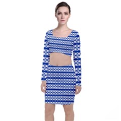 Circles Lines Blue White Pattern  Long Sleeve Crop Top & Bodycon Skirt Set by BrightVibesDesign