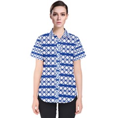 Circles Lines Blue White Pattern  Women s Short Sleeve Shirt