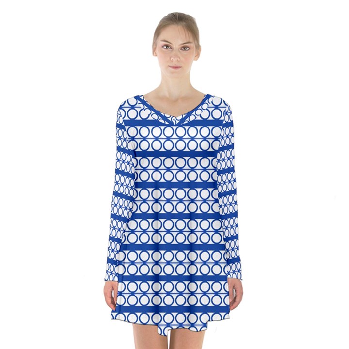 Circles Lines Blue White Pattern  Long Sleeve Velvet V-neck Dress