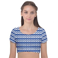 Circles Lines Blue White Pattern  Velvet Short Sleeve Crop Top  by BrightVibesDesign