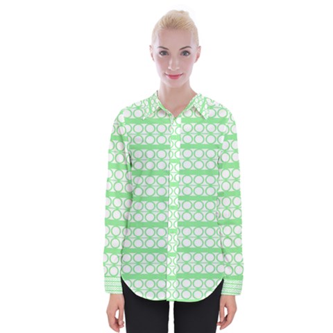 Circles Lines Green White Pattern Womens Long Sleeve Shirt by BrightVibesDesign