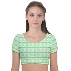 Circles Lines Green White Pattern Velvet Short Sleeve Crop Top 