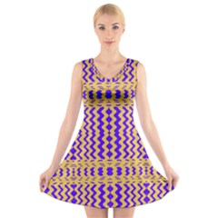 Purple Yellow Wavey Lines V-neck Sleeveless Dress by BrightVibesDesign