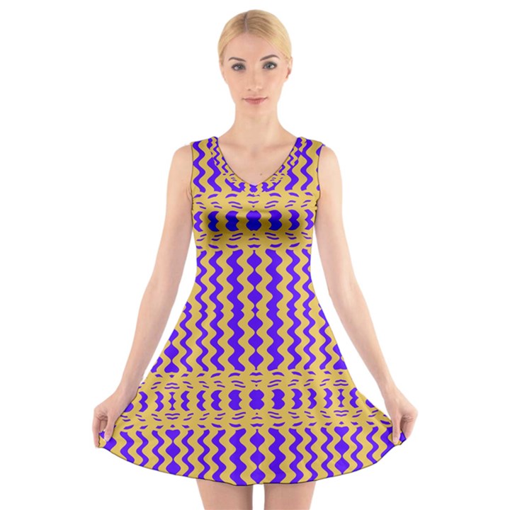 Purple Yellow Wavey Lines V-Neck Sleeveless Dress