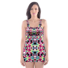 Multicolored Abstract Geometric Pattern Skater Dress Swimsuit