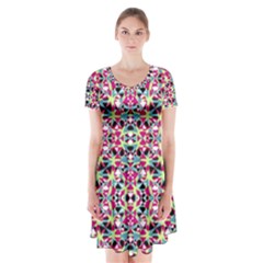 Multicolored Abstract Geometric Pattern Short Sleeve V-neck Flare Dress by dflcprints