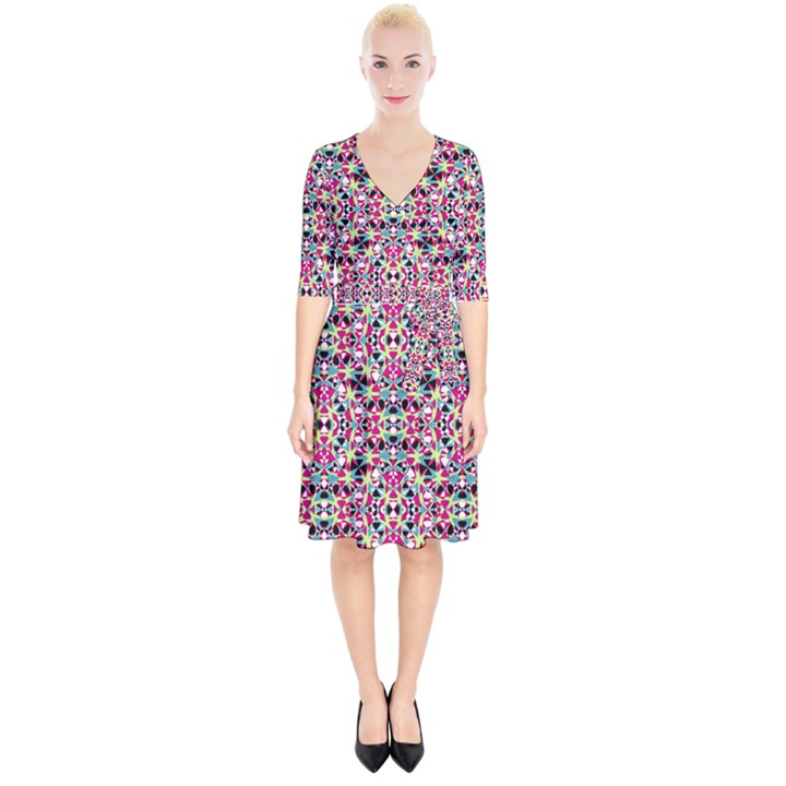 Multicolored Abstract Geometric Pattern Wrap Up Cocktail Dress