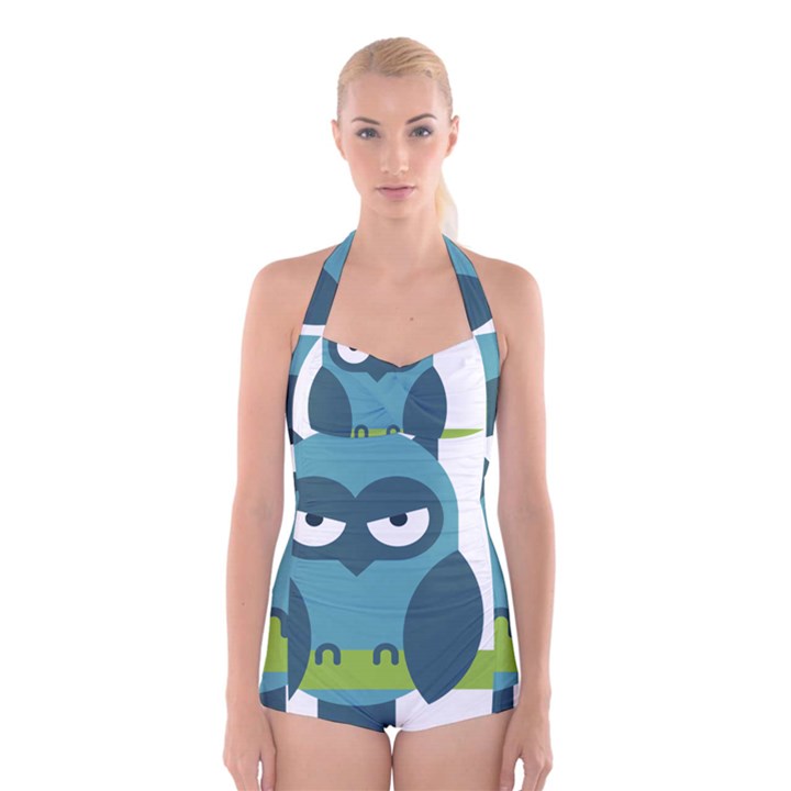 Owl Comic Animal Boyleg Halter Swimsuit 